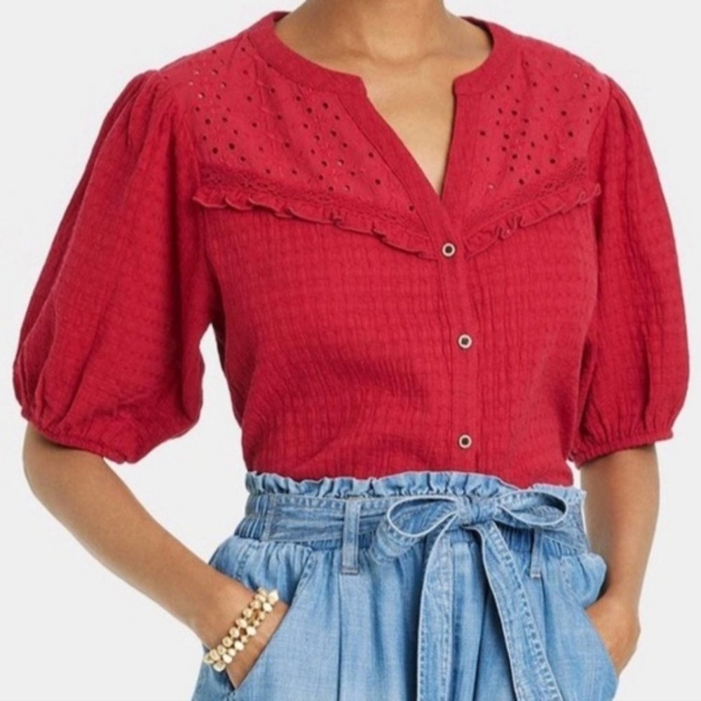 Knox Rose Short Sleeve Button-Front Textured Top